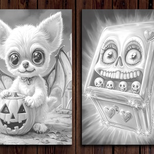 May include: A black and white illustration of a cute, furry, bat-winged creature holding a jack-o'-lantern.  The creature has large eyes and a sweet expression.  The second image is a black and white illustration of a smiling skull with a heart on the top.  The skull has large eyes and a wide, toothy grin.  There are five smaller skulls inside the larger skull.