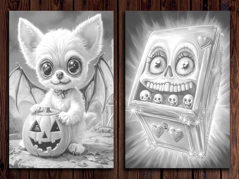 May include: A black and white illustration of a cute, furry, bat-winged creature holding a jack-o'-lantern.  The creature has large eyes and a sweet expression.  The second image is a black and white illustration of a smiling skull with a heart on the top.  The skull has large eyes and a wide, toothy grin.  There are five smaller skulls inside the larger skull.