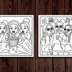 May include: Two black and white illustrations. One shows three girls watching a film, with popcorn. The other shows three girls taking a selfie, wearing sunglasses and hoodies.