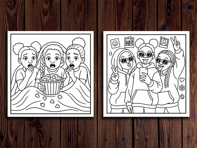 May include: Two black and white illustrations. One shows three girls watching a film, with popcorn. The other shows three girls taking a selfie, wearing sunglasses and hoodies.