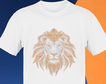 May include: White t-shirt with a brown lion graphic made of words like "Jesus is Lord", "Fear Not", and "I Am".