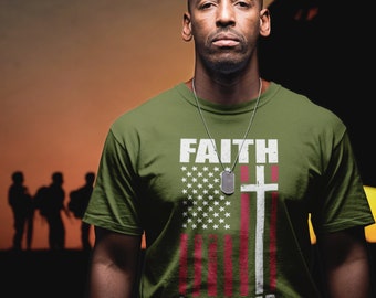 Camiseta cristiana "Fe sobre el miedo", cruz con bandera estadounidense, estilo militar