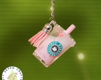 Iced Strawberry Pink Drink Cup Shaker Snowglobe Keychain Bag Charm with Personalization