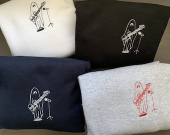 Leuke Rockstar Ghost, fijn lijnontwerp, halloween geborduurde crewneck, halloween sweater