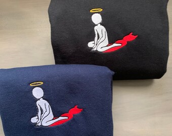 Engel en duivel geborduurde ronde hals, halloween-sweater, geborduurd sweatshirt, halloween-sweatshirt,