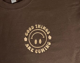 Positieve bevestiging, smiley, oversized, schattig sweatshirt, cadeau voor, Fine Line, geborduurde ronde hals