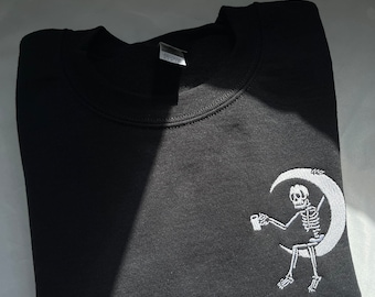 Skelettrui, halloween-sweatshirt, koffieliefhebber, Halloween-borduurwerk, herfsttrui, herfstsweatshirt