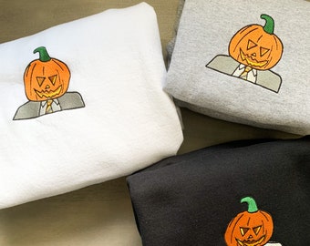 Pompoenhoofd, Halloween trui, jack o lantaarn sweatshirt, grappige Halloween trui, griezelig seizoen, Halloween geborduurde ronde hals