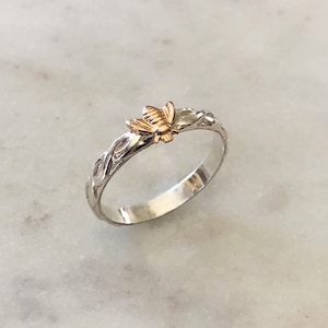 Dainty Gold Bee Stacking Ring ,Tiny Gold filled bee on a Decorative Sterling Silver Band, Bee Ring, stackable rings, Minimalist Ring