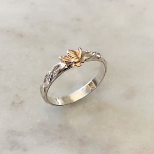 Dainty Gold Bee Stacking Ring ,Tiny Gold filled bee on a Decorative Sterling Silver Band, Bee Ring, stackable rings, Minimalist Ring