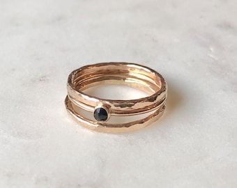 Gold filled  onyx gemstone trio stacking ring set. Beautiful minimalist style stacking ring set, Dainty Gold Rings with Tiny Onyx Stone