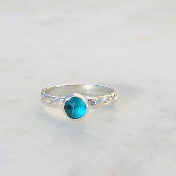 Teal Tourmaline Gemstone Ring * Sterling Silver Green Blue 6mm Gemstone Ring * Minimalist Green Blue Gemstone Stacking Ring* Celtic Ring