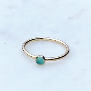 Thin Gold Filled Stacking Ring with Aqua Chalcedony Gemstone, Minimalist Gold Ring with tiny 3mm Blue Stone.