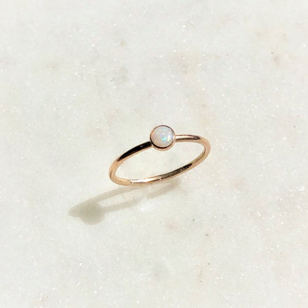 Gold filled, Thin Minimalist ring with White Opal Stone. Gold filled stacking ring with white opal stone. stackable ring