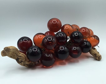 Large Lucite Grape Cluster on Driftwood in Burnt Orange