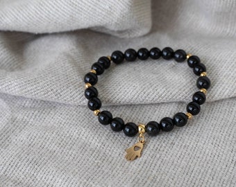 Hamsa hand bracelet, Protection bracelet, Evil eye protection, Obsidian and Agate bracelet, Gold charm bracelet, Fatima hand bracelet