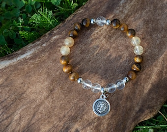 Leo gift, Leo zodiac bracelet, Astrology star sign, Leo zodiac charm, Leo birthstones, Tiger Eye, Crystal Quartz, Citrine healing, Lion