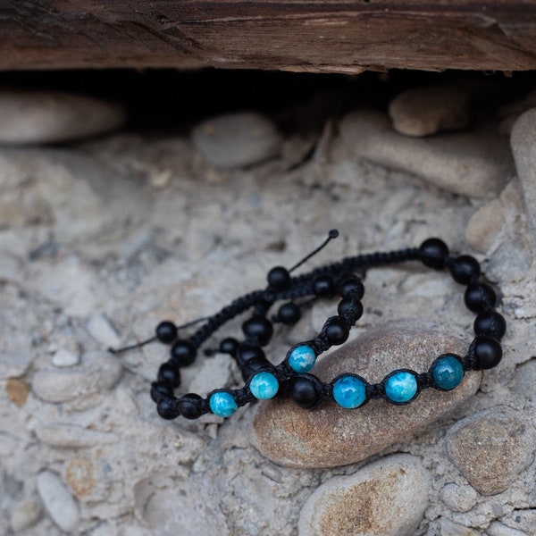 Bracelet shamballa Apatite, Bracelet couple, Bracelet partenaire réglable, Ensemble bracelet, Cadeau anniversaire pour couples, Onyx et Apatite