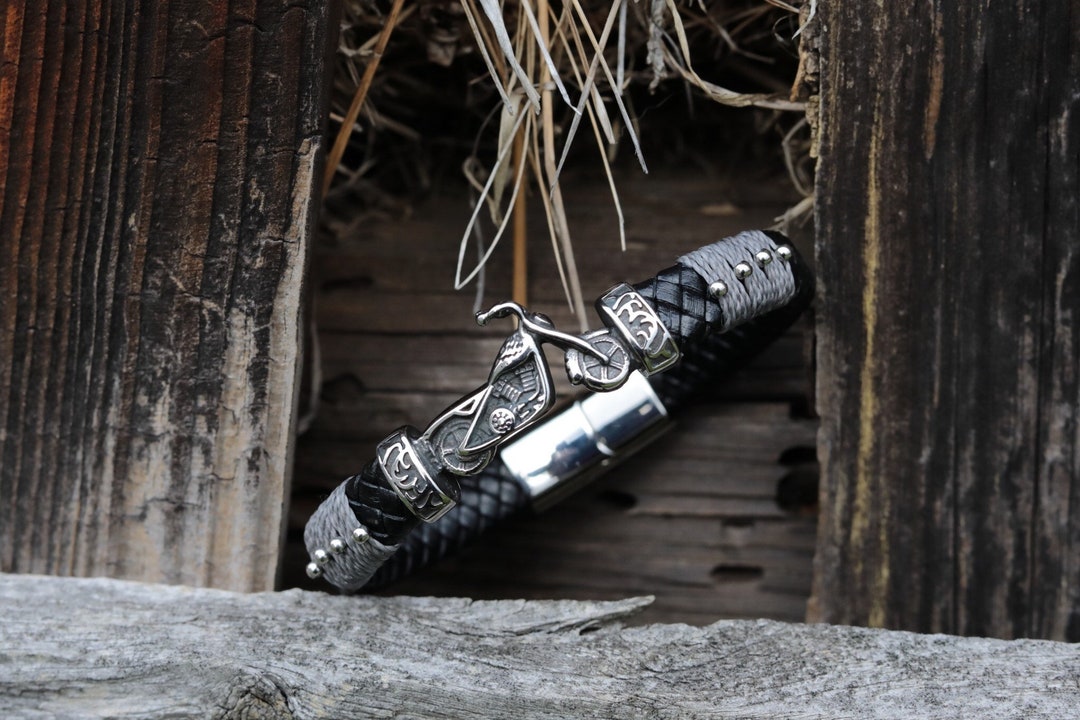 Leather Motorcycle Bracelet, Biker Bracelet, Motorcycle Gift for Men, Gift for Biker, Black