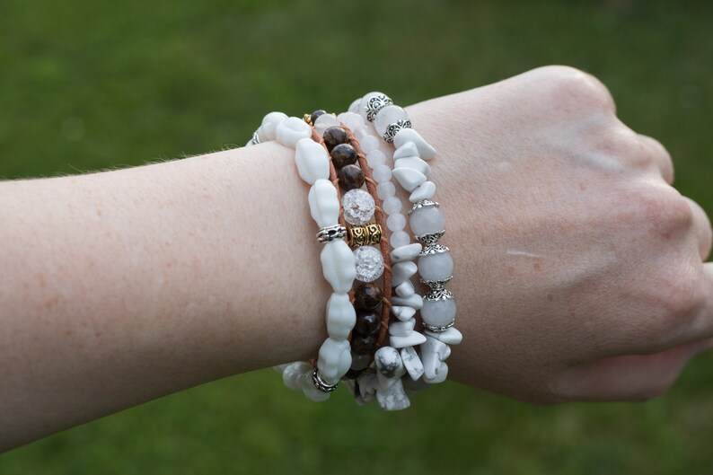 Set of 3 Bracelets Beaded Bracelet Set White Stack Etsy