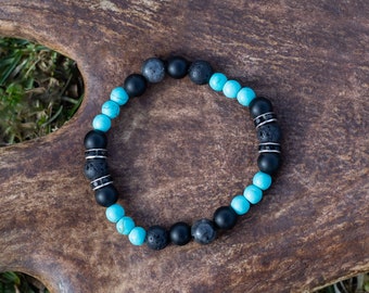 Lava, Onyx and Turquoise gemstone bracelet, Beaded unisex bracelet, Black bead bracelet for men, Jewelry for women, Elastic lava bracelet