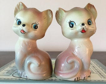 Vintage Kitty Cat Salt /& Pepper One Piece Set Wood w Leather Ears Tail 50/'s Mid Century Kitsch Decor Japan