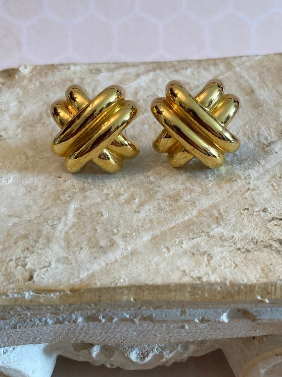 Vintage Anne Klein Criss Cross Earrings, Gold Ton… - image 1