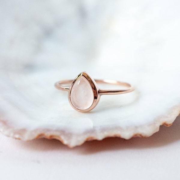 Rose Quartz Ring Rose Gold, Boho Ring, Drop Shape Gemstone Ring, May Birthstone, Pear Shape, Rosegold Ring for Women, Gift for Her