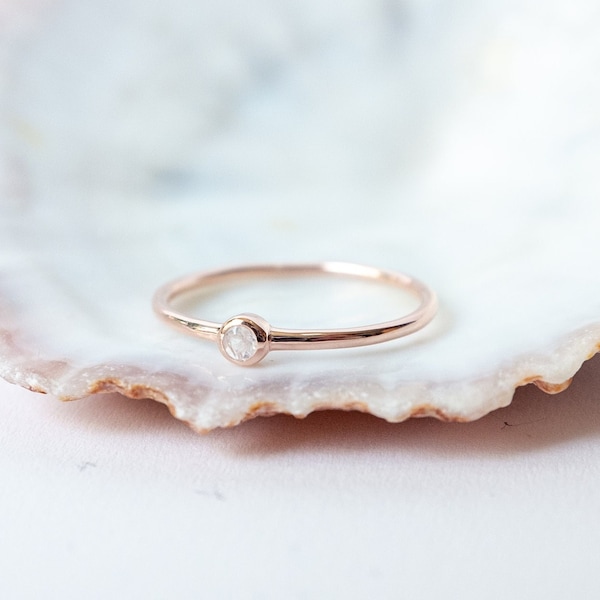 Moonstone Ring Rose Gold, Tiny Gemstone Ring, Dainty Stacking Ring, Minimalist Ring, Delicate Layering Rings, June Birthstone, Gift for Her