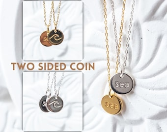 Coin Necklace Gold, Pendant Necklace, Double sided Charm, Surfer Sea Necklace, Wave Jewelry, Gift for Her, Minimalist Gold Disc Necklaces