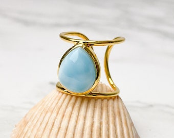 Larimar Ring Gold, Adjustable Double Ring, Blue Gemstone, Gold Plated Statement Ring, Drop Shape Gemstone Ring, Pear Shape, Gift for Her