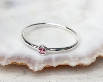 Pink Tourmaline Ring, Recycled 925 Silver, October Birth Stone, Tiny Gemstone Ring, Dainty Stacking Ring, Minimalist Ring, Gift for Her