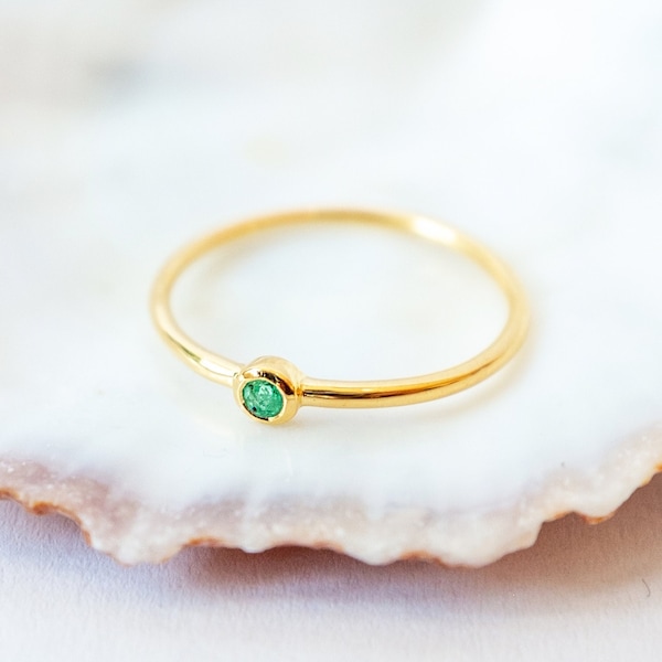 Emerald Ring, Tiny Gemstone Ring, Gold Vermeil, Recycled Silver, Dainty Stacking Ring, Minimalist Gold Ring, May Birth Stone Ring, Green