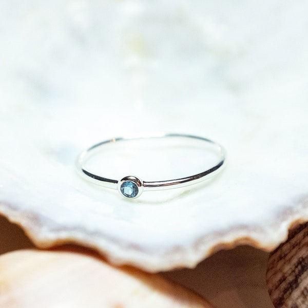 London Blue Topaz Ring, Tiny Gemstone Ring, Recycled Silver, Dainty Stacking Ring, Minimalist Ring, Delicate Layering Rings, Birthstone