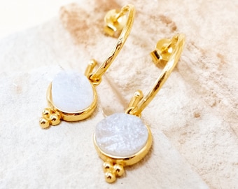 Gold Rainbow Moonstone Earrings, Hoop Earrings with Crystals, Boho Hoop Earrings, June Birthstone, Elegant Gift for Her, Old Money Style