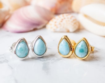 Larimar Earrings, Stud Earrings Gold, Gemstone Ear Stud Silver, Minimalist Earrings Set, Birthday Gift for Women, Surfer Jewelry, Drop