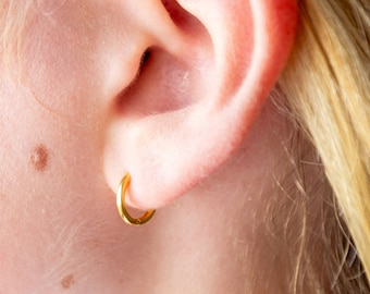 Puede incluir: Primer plano de una oreja con un pequeño aro de oro. La oreja está perforada en el lóbulo.