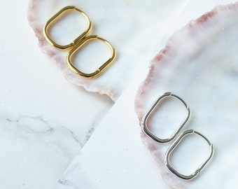 Rectangle Hoop Earrings, Gold Square Hoop Earrings, Oblong Earrings, Oval Shaped Hoops, Rectangular Ear Hoops, 925 Silver Geometric Jewelry