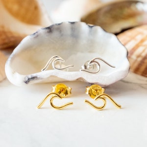 Small Wave Earrings, Wave Stud Earrings Gold, Wave Ear Stud Silver, Minimalist Earrings Set, Stocking Stuffers for Women, Surfer Jewelry
