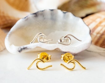 Small Wave Earrings, Wave Stud Earrings Gold, Wave Ear Stud Silver, Minimalist Earrings Set, Stocking Stuffers for Women, Surfer Jewelry