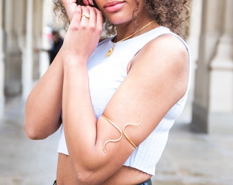 Arm Cuff Boho, Upper Arm Bracelet Gold, Armlet for Women, Ancient Greek Jewelry, Adjustable Bracelet, Upper Arm Band, Wave Bangle