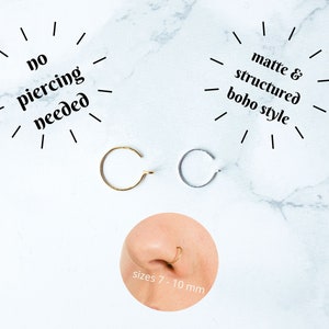 Matte Fake Nose Ring, Hammered Clip on Nose Ring, Faux Nose Ring Hoop, Fake Piercing Set, No Piercing Nose Cuff, Dainty Hoop Nose Rings image 1