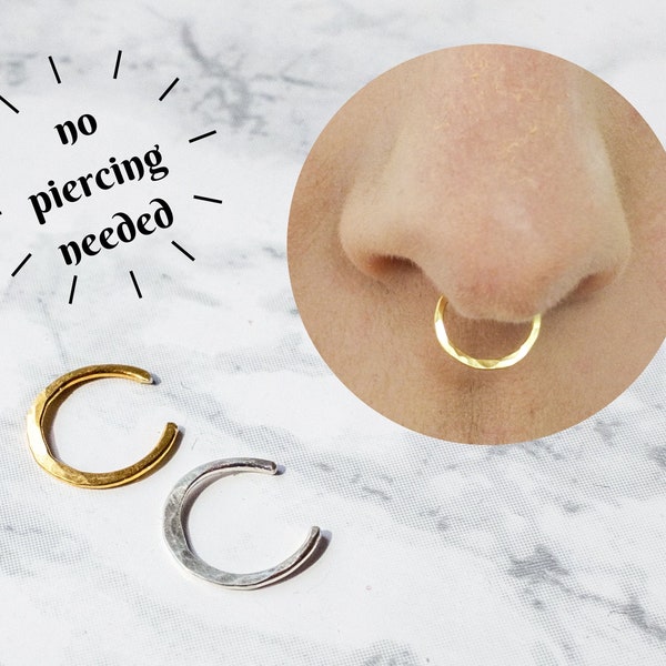 Silver Fake Septum Ring, Hammered Clip on Nose Ring, Gold Faux Nose Ring Hoop, Fake Piercing, No Piercing Nose Cuff, Cool Hoop Nose Rings