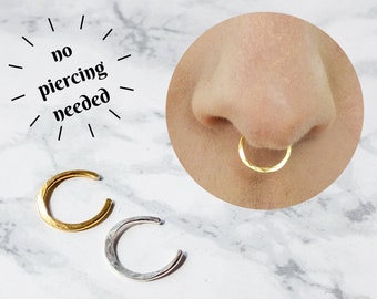 Silver Fake Septum Ring, Hammered Clip on Nose Ring, Gold Faux Nose Ring Hoop, Fake Piercing, No Piercing Nose Cuff, Cool Hoop Nose Rings