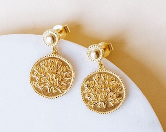 Coral Earring Gold, Dangle Coin Earrings, Old Money Jewelry for Women, Elegant Gift for Her, Greek Coin Jewelry, Ancient Greek