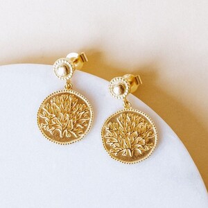 Coral Earring Gold, Dangle Coin Earrings, Old Money Jewelry for Women, Elegant Gift for Her, Greek Coin Jewelry, Ancient Greek