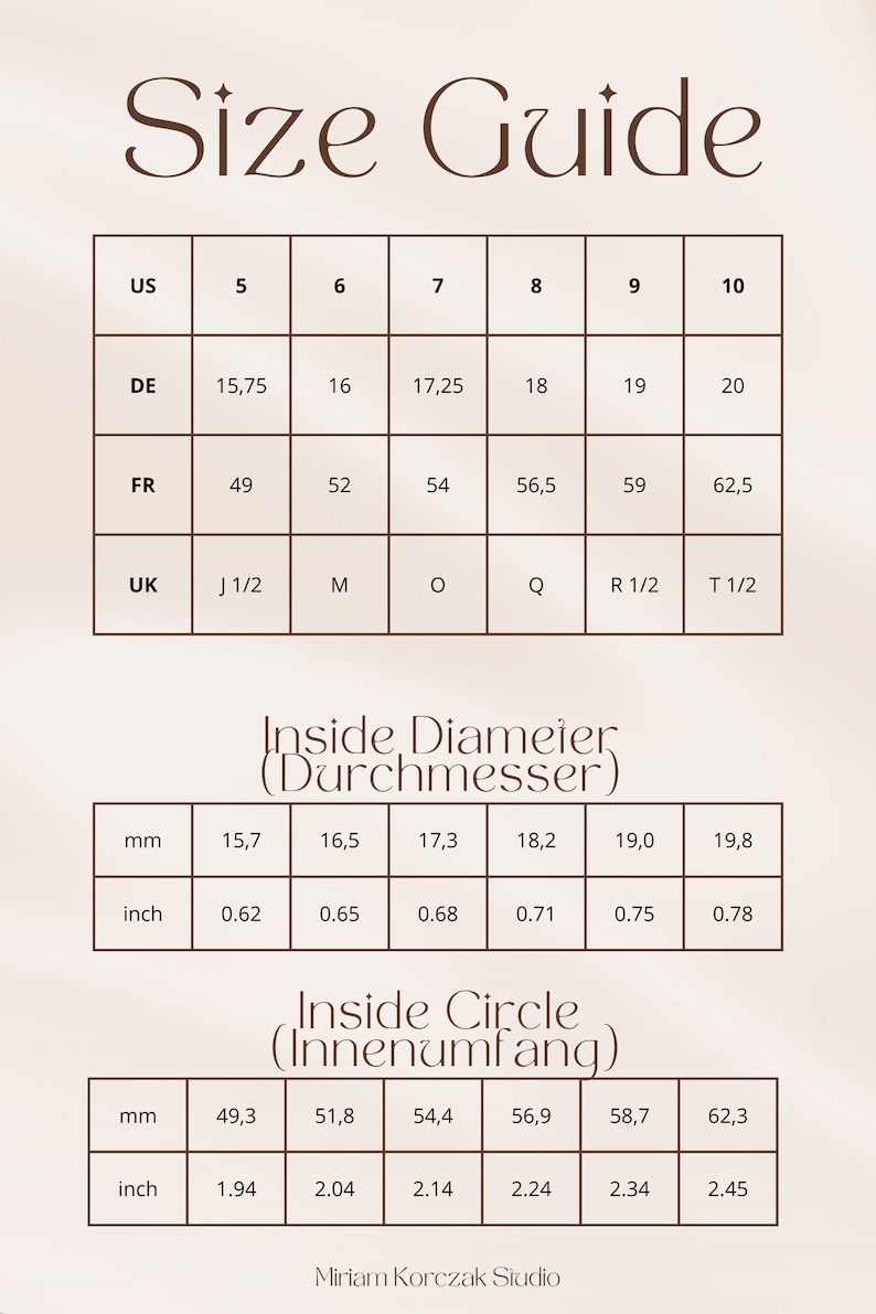 May include: Size guide chart for rings, showing US, DE, FR, and UK ring sizes, along with the corresponding inside diameter and circumference in millimeters and inches.