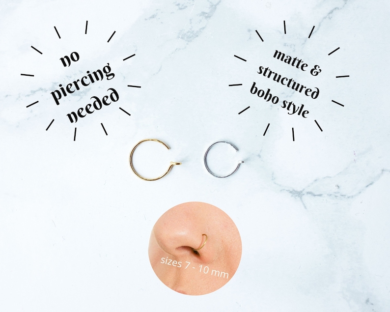 Matte Fake Nose Ring, Hammered Clip on Nose Ring, Faux Nose Ring Hoop, Fake Piercing Set, No Piercing Nose Cuff, Dainty Hoop Nose Rings image 1