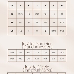 May include: Size guide chart for rings, showing US, DE, FR, and UK ring sizes, along with the corresponding inside diameter and circumference in millimeters and inches.