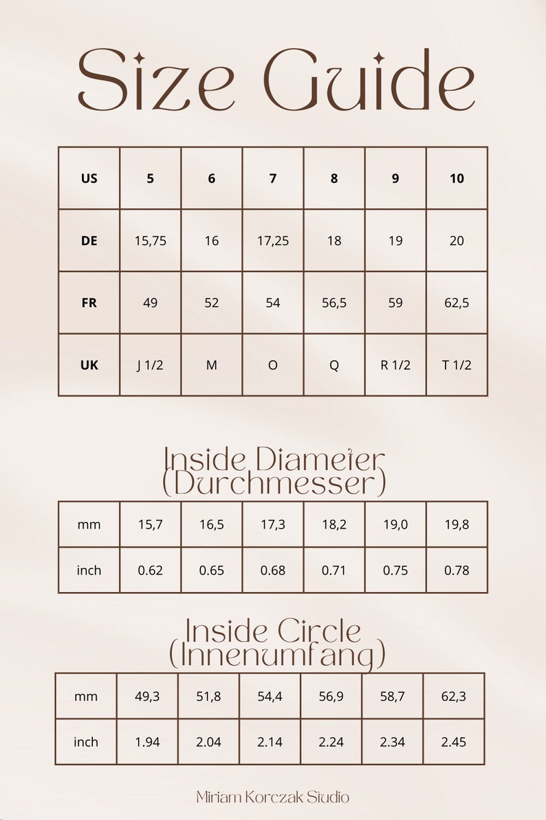 May include: Size guide chart for rings, showing US, DE, FR, and UK ring sizes, along with the corresponding inside diameter and circumference in millimeters and inches.
